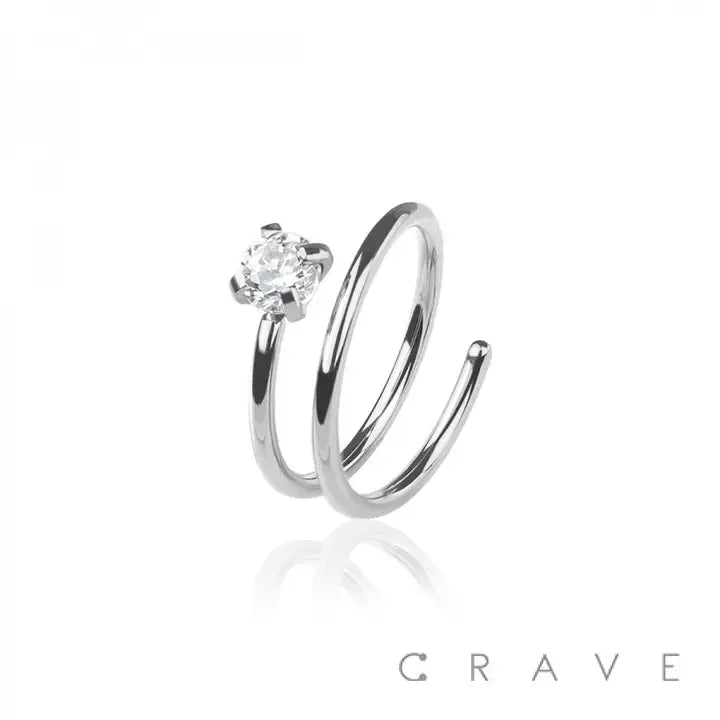 Round CZ Prong End Double Hoop Annealed 316L SS - Spiral Nose Ring