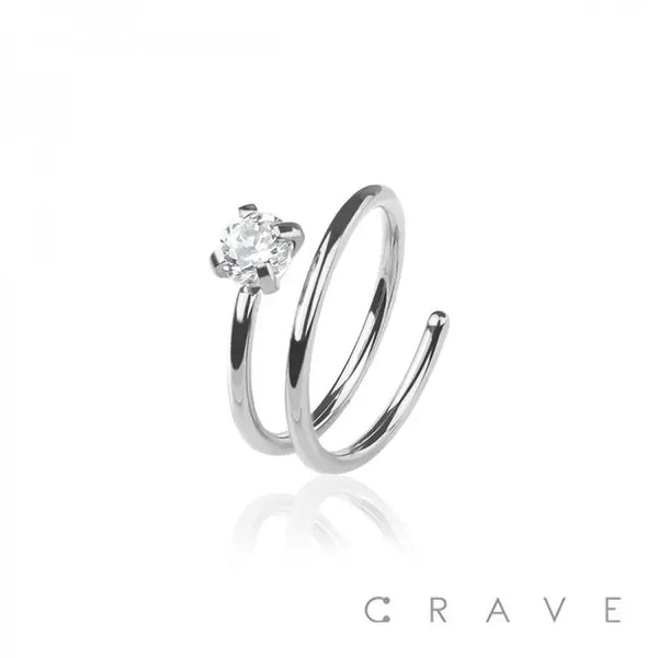 Round CZ Prong End Double Hoop Annealed 316L SS - Spiral Nose Ring
