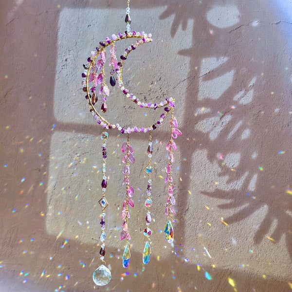 Whimsy Crystal Moon Suncatchers - Amethyst, Rose Quartz, & Green Aventurine