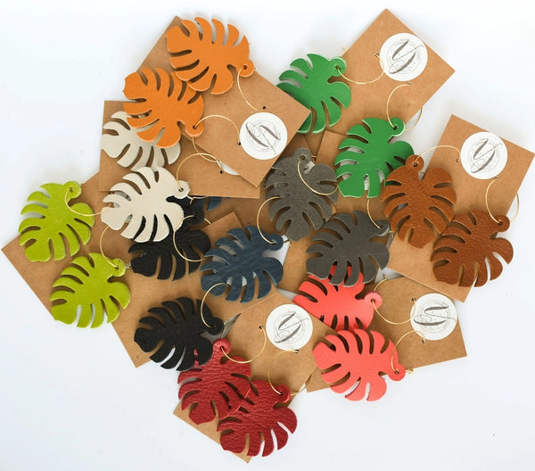 Leather Monstera Leaf Earrings