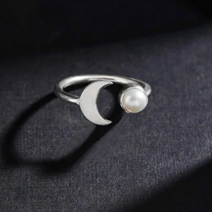 Sterling Silver Adjustable Pearl and Crescent Moon Ring