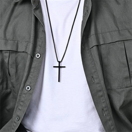 Mens Cross Charm Pendant Necklace in Stainless Steel