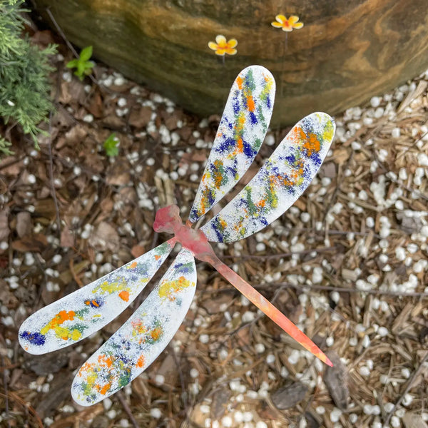 Copper Enamel Dragonfly Garden Stake - White