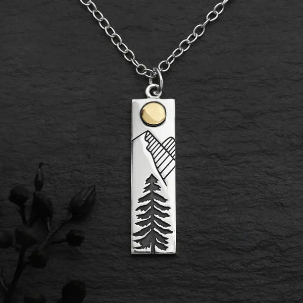 Sterling Silver Rectangle Pine Tree Necklace 18 Inch