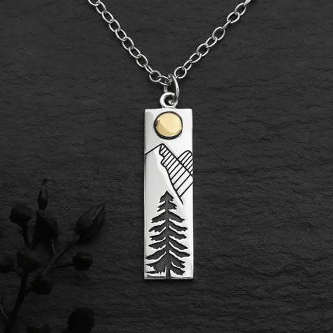 Sterling Silver Rectangle Pine Tree Necklace 18 Inch