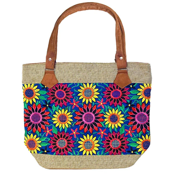 Embroidered Floral Sunflower Burlap Suede Purse Tote Bag