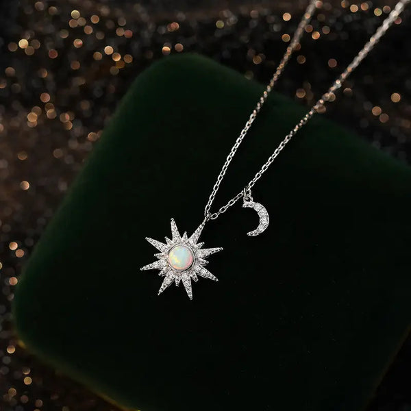 Opal Sun Moon Pendant Necklace in 925 Sterling Silver