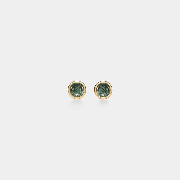 Moss Agate Cabochon Stud Earrings - Sterling Silver & Gold Plated
