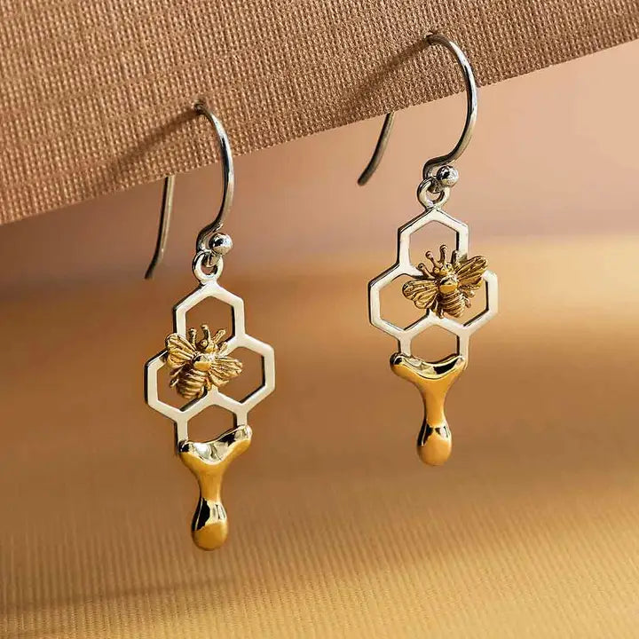 Honeycomb Dangle Earrings with Honey and Bee