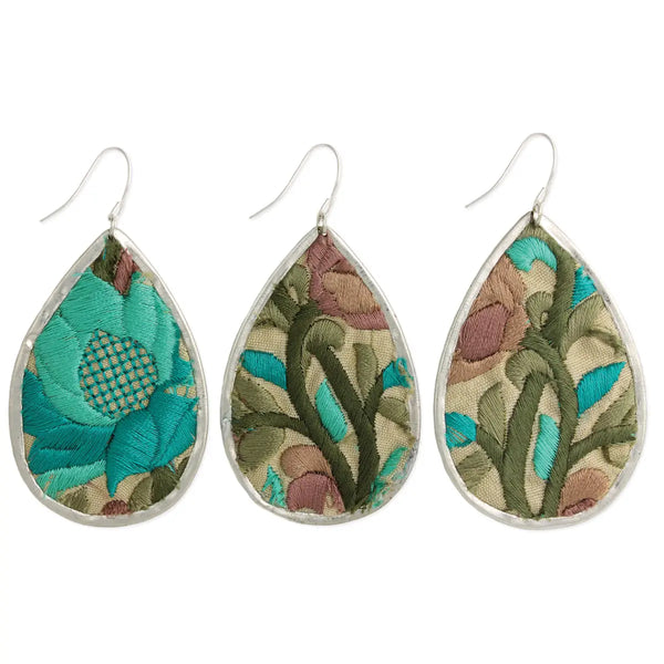 Turquoise Floral Embroidered Silver Teardrop Earrings