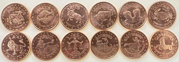 Zodiac Design 1 oz Pure .999 Copper Round Bullion Coin in Capsule