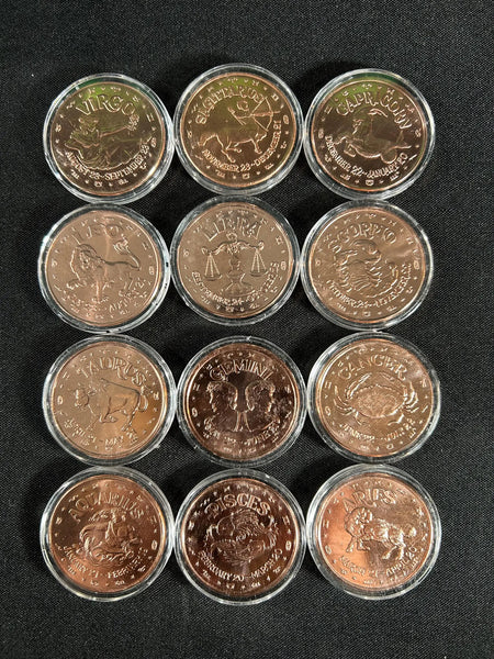 Zodiac Design 1 oz Pure .999 Copper Round Bullion Coin in Capsule