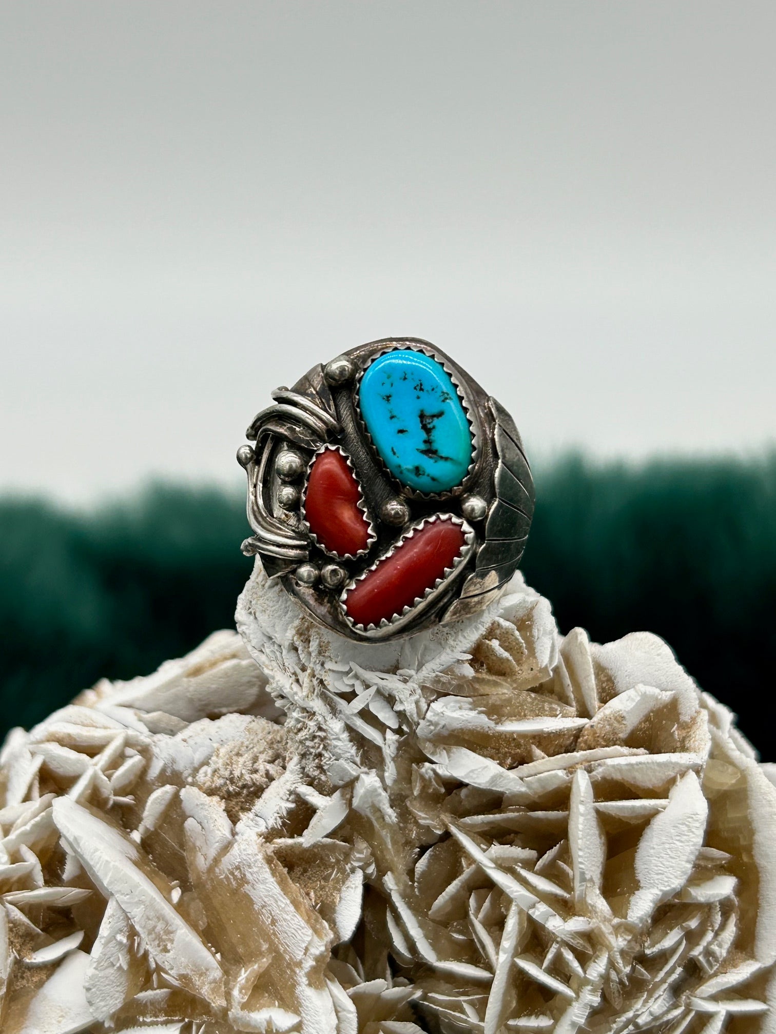 Sterling Silver Turquoise & Coral Ring - Size 12 - Marcia Nickols Collection
