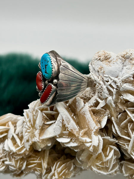 Sterling Silver Turquoise & Coral Ring - Size 12 - Marcia Nickols Collection