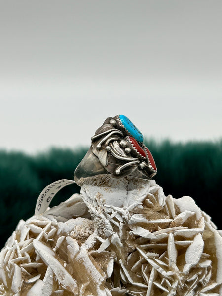 Sterling Silver Turquoise & Coral Ring - Size 12 - Marcia Nickols Collection