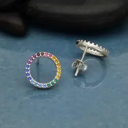 Sterling Silver Rainbow Circle Post Earrings With Nano Gems
