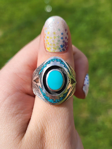 Native American Turquoise Sterling Silver Ring - Size 11.5