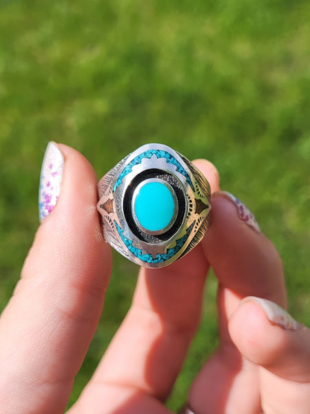 Native American Turquoise Sterling Silver Ring - Size 11.5