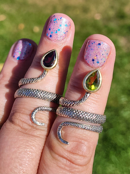 Bezel Set Faceted Gemstoneon Gothic Snake Ring - Sterling Silver