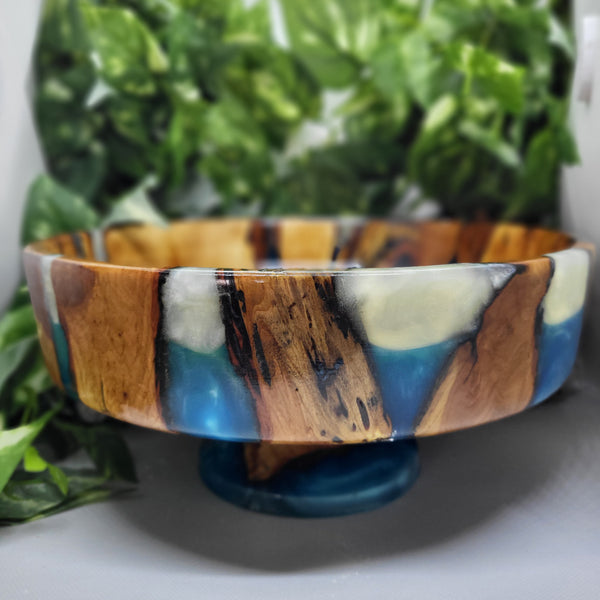 Pussy Willow & Blue Resin Pedestal Bowl by Ronald Bemmann