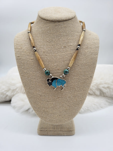 Sterling & Turquoise Buffalo Pendant & Beaded 18" Necklace - Marcia Nickol