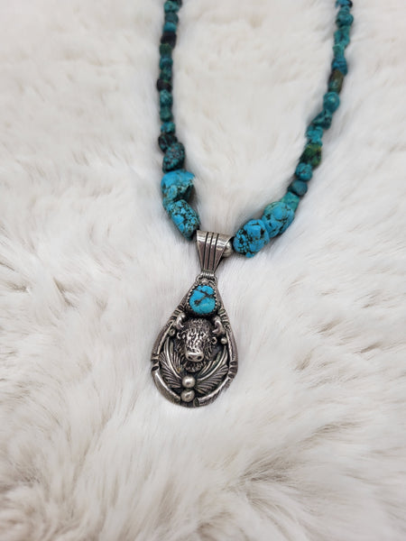 Sterling & Turquoise Buffalo Pendant & Turquoise 16-20" Necklace - Marcia Nickols