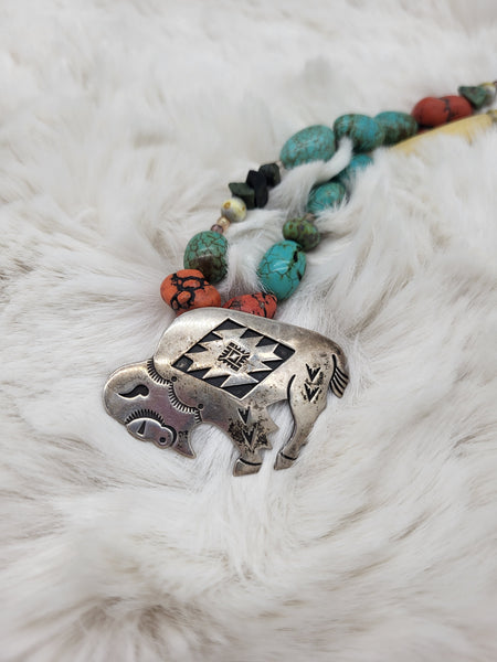 Sterling Buffalo Pendant & Beaded 18" Necklace - Marcia Nickols