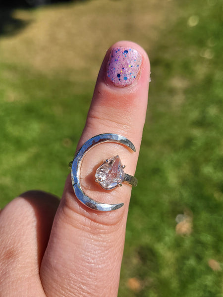 Hammered Crescent Moon Gemstone Ring - Sterling Silver