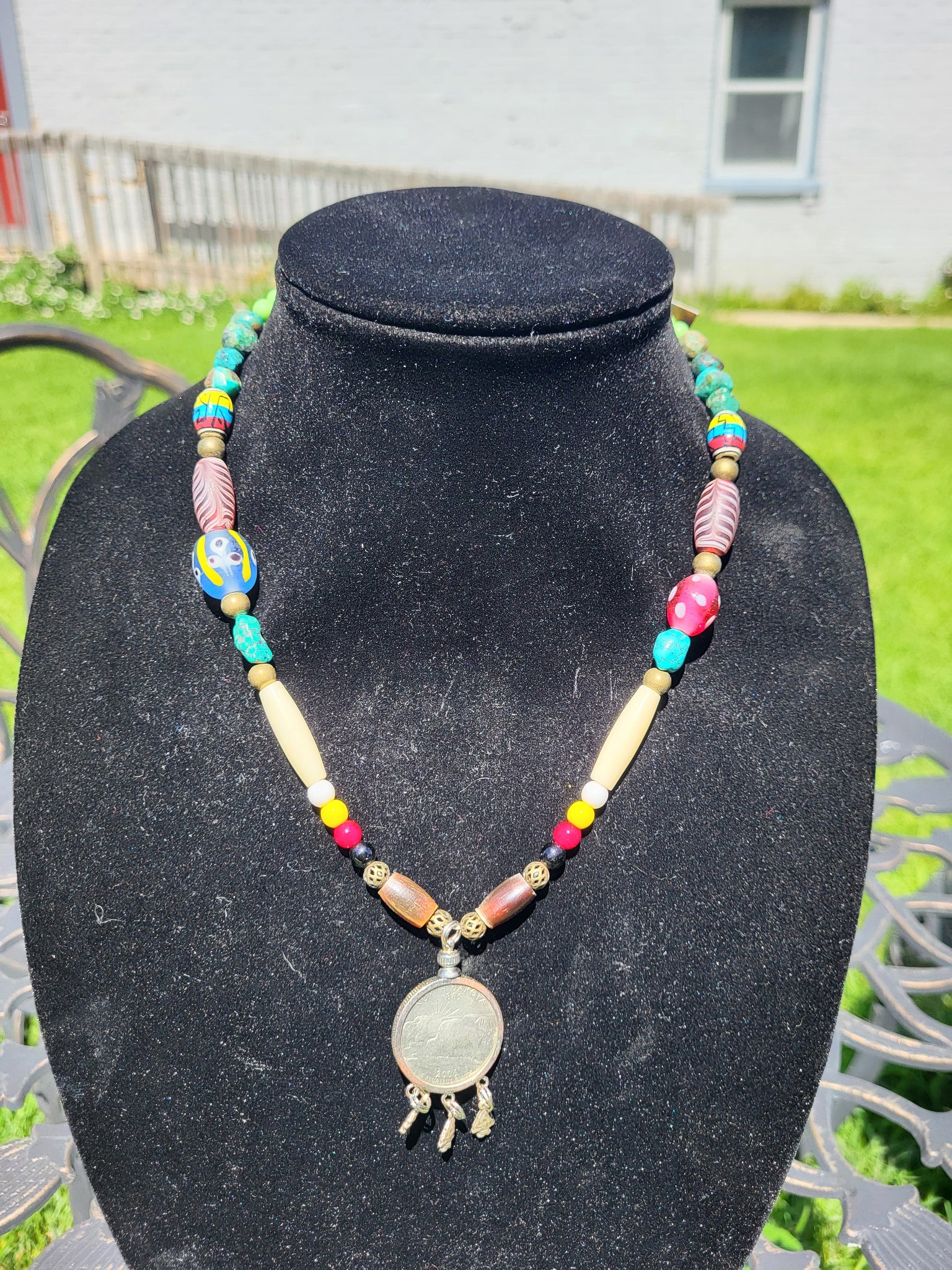 Beaded Necklace with Buffalo Quarter