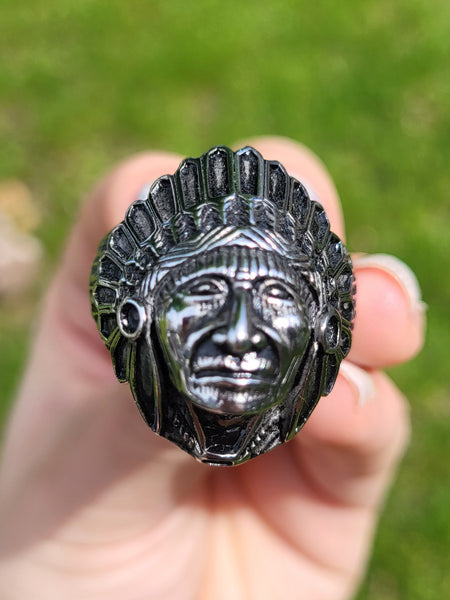 Native American Face Sterling Silver Men's Ring - Size 13
