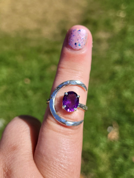 Hammered Crescent Moon Gemstone Ring - Sterling Silver