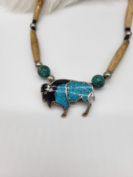 Sterling & Turquoise Buffalo Pendant & Beaded 18" Necklace - Marcia Nickol