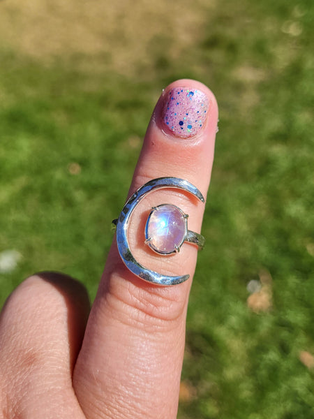 Hammered Crescent Moon Gemstone Ring - Sterling Silver