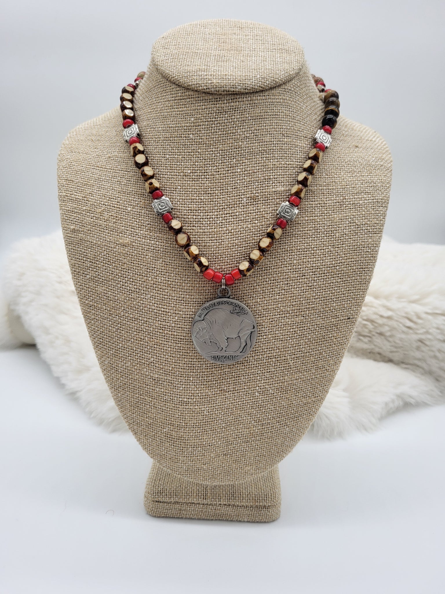 Sterling Buffalo Nickel Pendant & Beaded 18" Necklace - Marcia Nickol