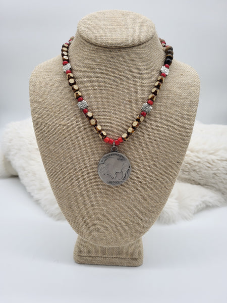 Sterling Buffalo Nickel Pendant & Beaded 18" Necklace - Marcia Nickol
