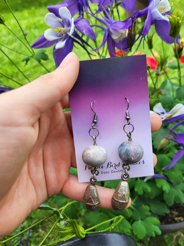 Antique Round Barrel Bead & Silver Teardrop Earrings by Nikkie Howard