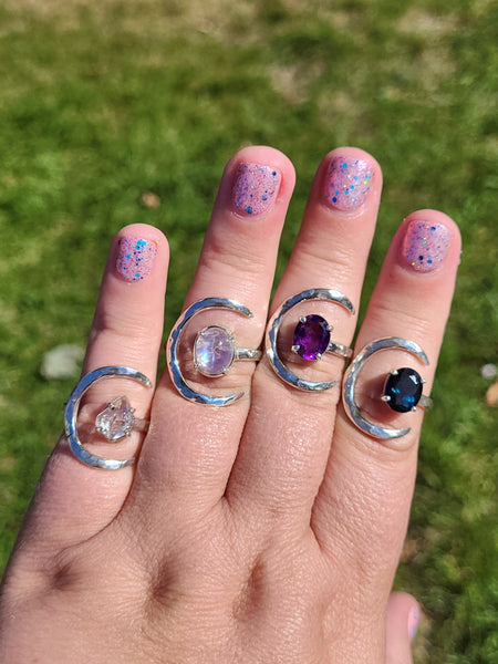 Hammered Crescent Moon Gemstone Ring - Sterling Silver