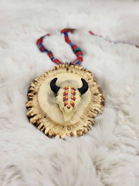 Bone & Horn Carved Buffalo Pendant & Beaded 18" Necklace - Marcia Nickols