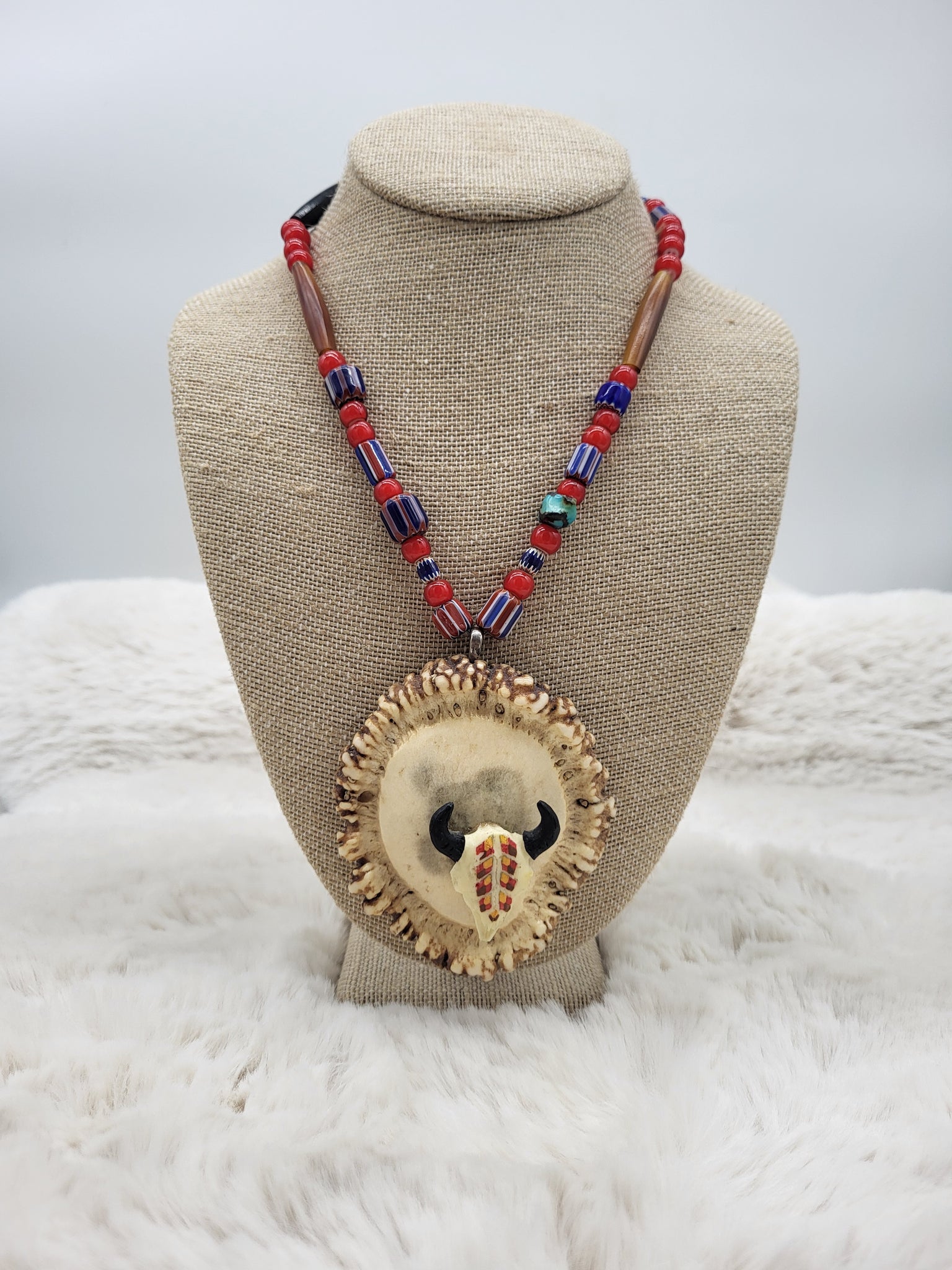 Bone & Horn Carved Buffalo Pendant & Beaded 18" Necklace - Marcia Nickols