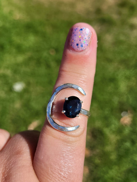 Hammered Crescent Moon Gemstone Ring - Sterling Silver