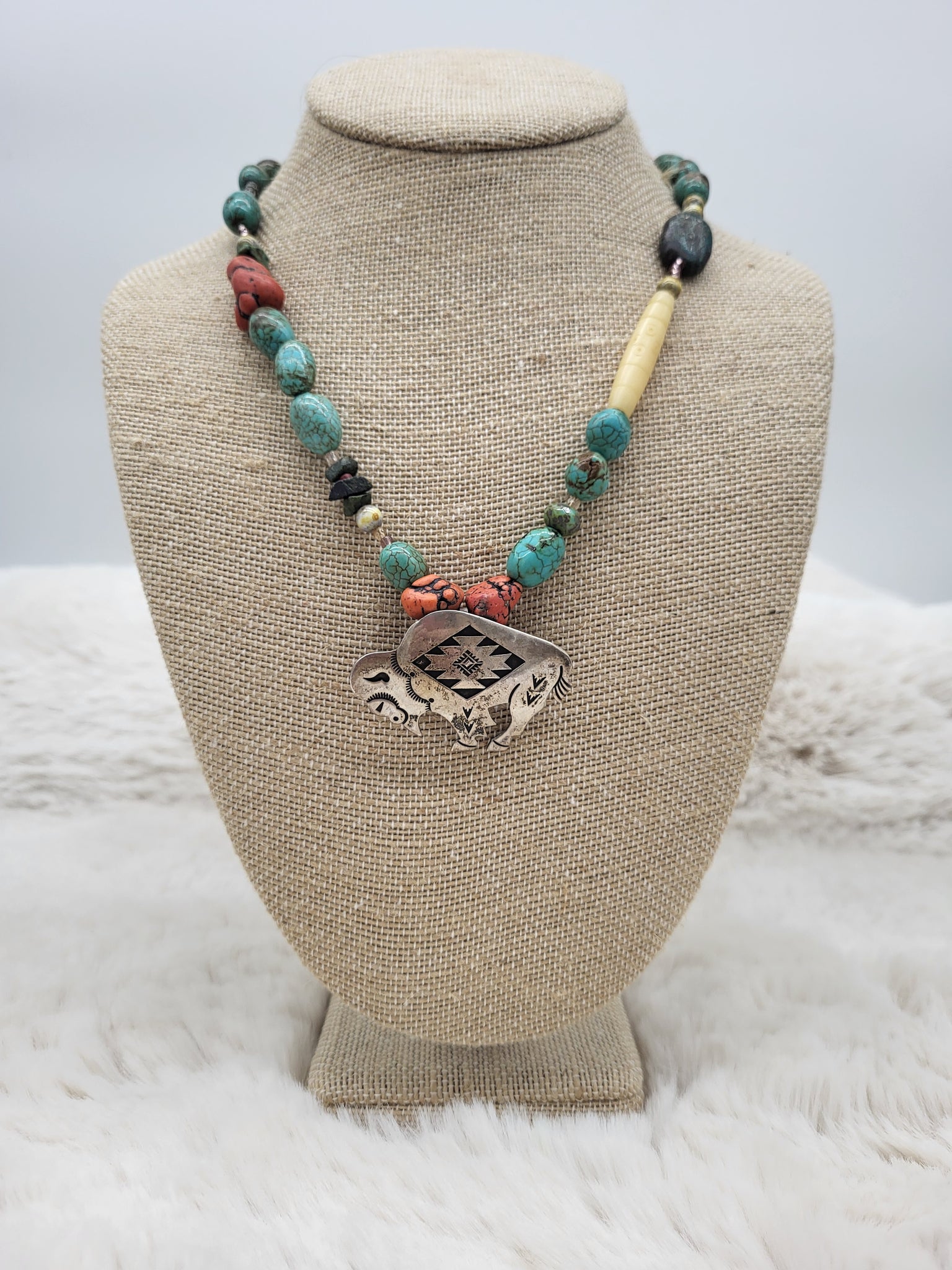 Sterling Buffalo Pendant & Beaded 18" Necklace - Marcia Nickols