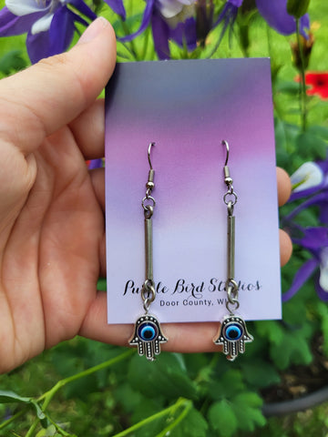 Silver Hamsa Hand  Drop Earrings by Nikkie Howard