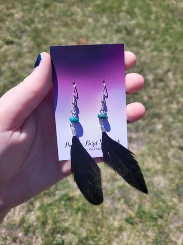 Black Coque Tail Feather Earrings W/ Turquoise Bead by Nikkie Howard Style 0291
