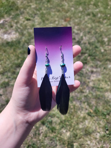 Black Coque Tail Feather Earrings W/ Turquoise Bead by Nikkie Howard Style 0292