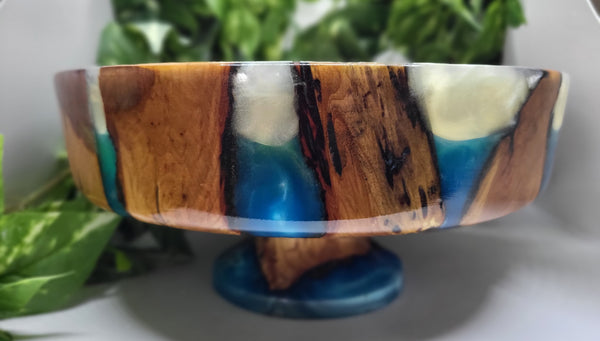Pussy Willow & Blue Resin Pedestal Bowl by Ronald Bemmann
