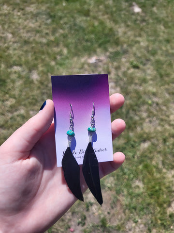 Black Coque Tail Feather Earrings W/ Turquoise Bead by Nikkie Howard Style 0290