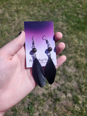 Black Coque Tail Feather Earrings W/ Dragons Blood Bead by Nikkie Howard Style 0294