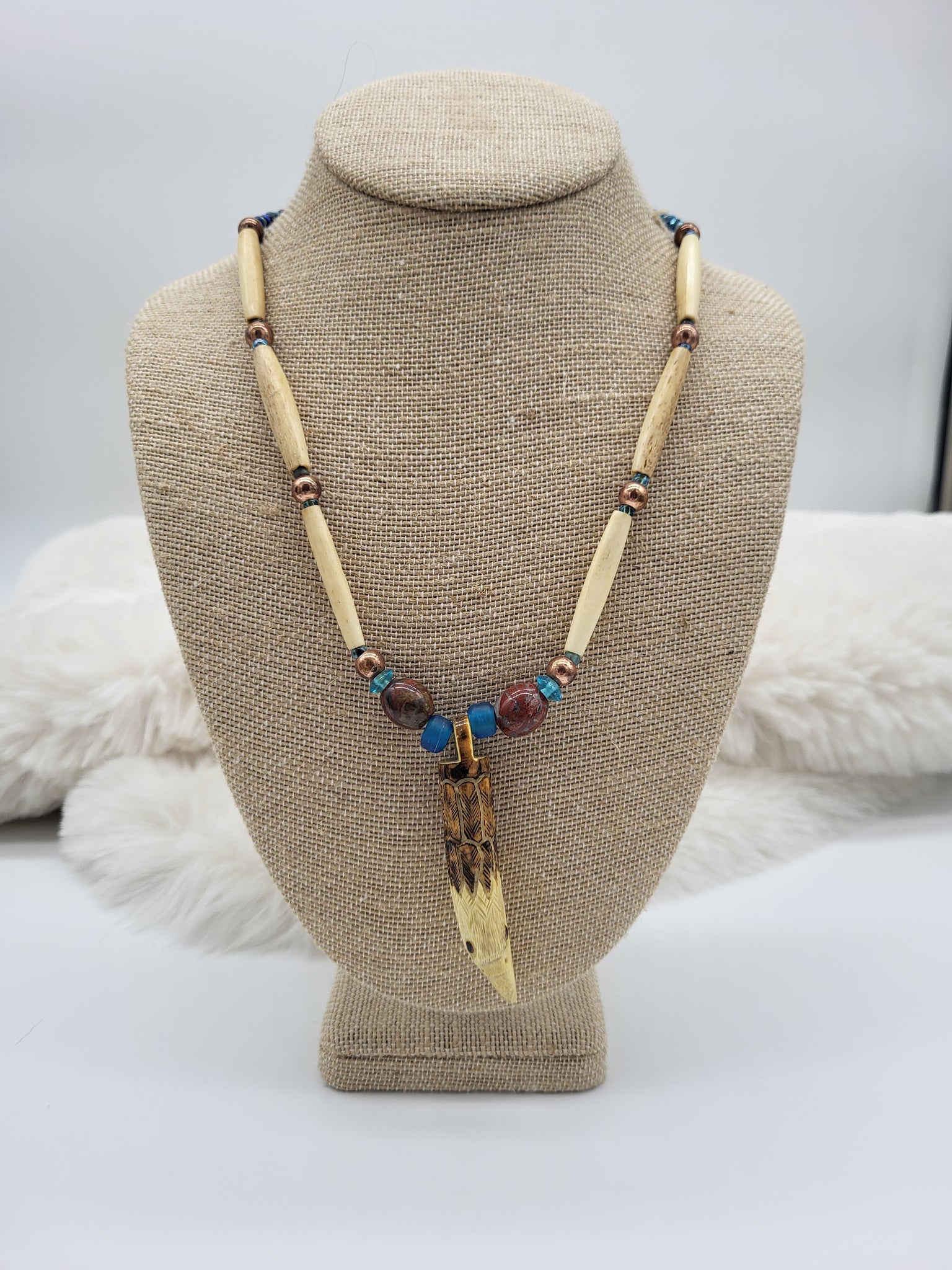 Carved Bone Eagle Pendant & Beaded 26" Necklace - Marcia Nickols