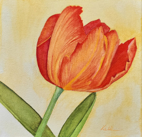"Mini Tulip in Orange" - 8x8 Original Watercolor on Canvas by Keli Groenfeldt