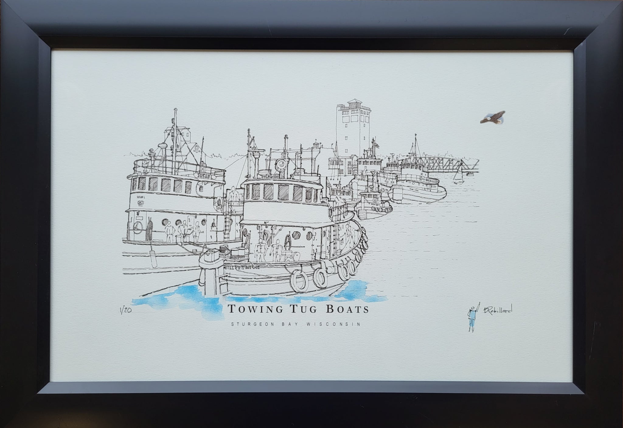 “Towing Tug Boats” - Colored Framed Printed Sketch (13x19”) by David Robillard